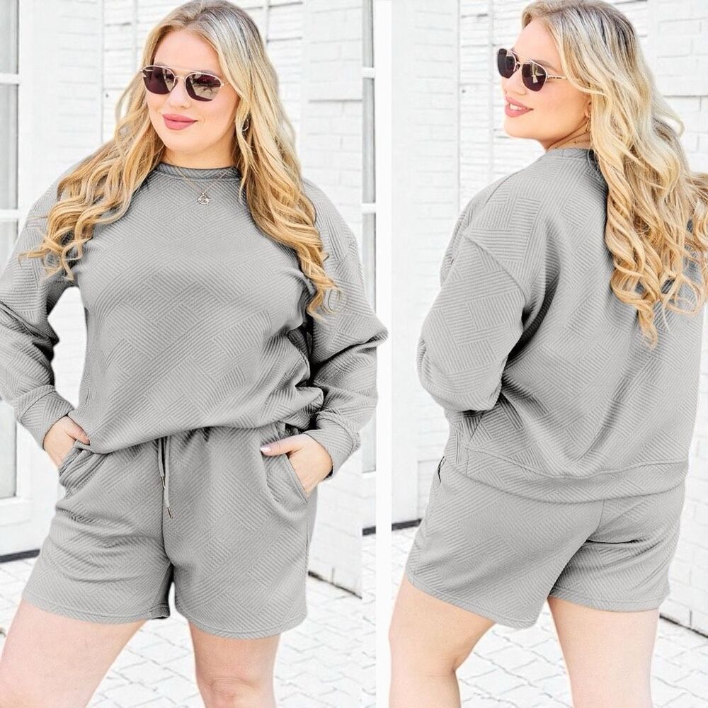 Boutique Gray Textured Long Sleeve Top & Shorts Lounge Set | Plus Size | NWT